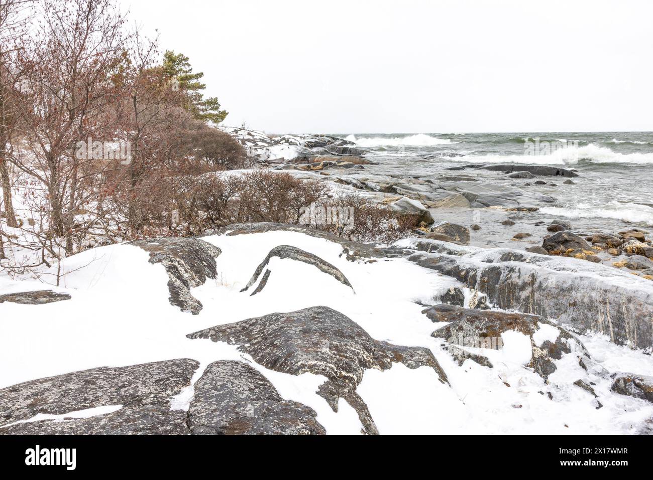 nordic landscape with snow, sweden, water, ice beach and shore Stock Photo