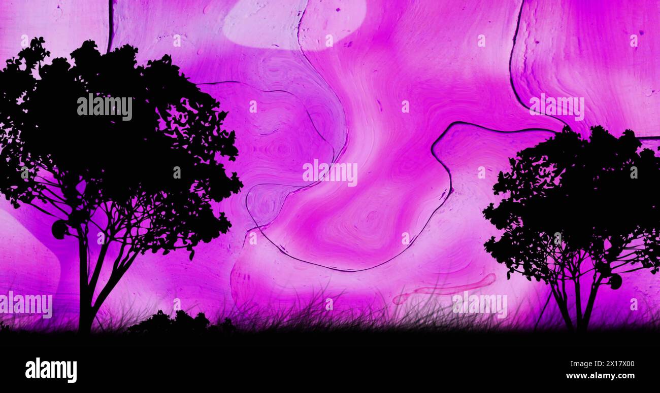 Image of tree silhouettes over wavy purple background Stock Photo