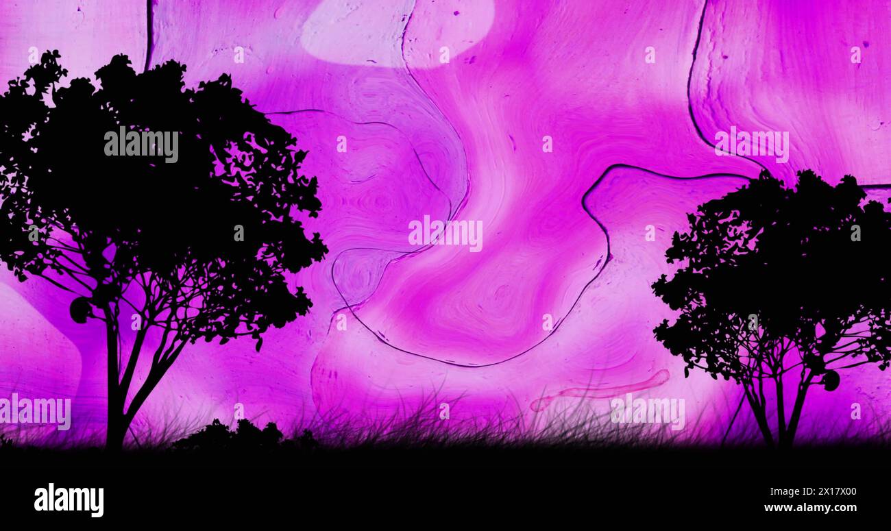 Image of tree silhouettes over wavy purple background. Colour, movement ...