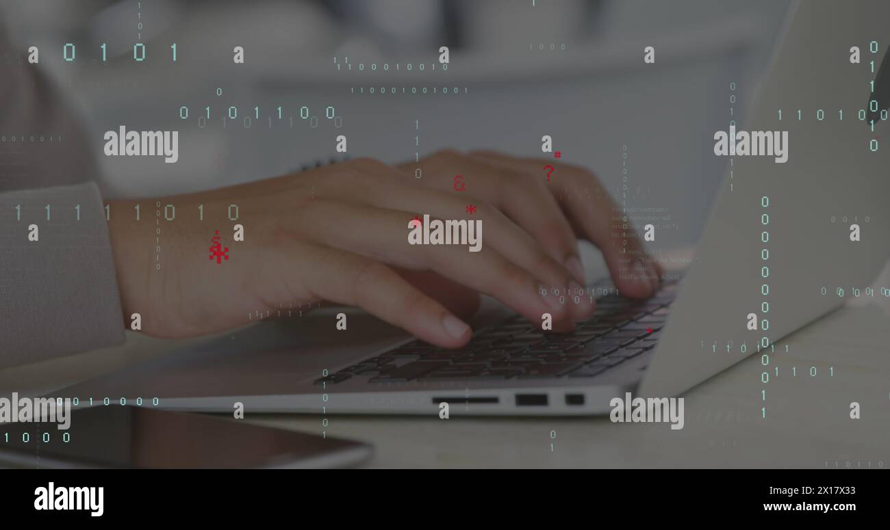 Image of data processing over hands using laptop Stock Photo