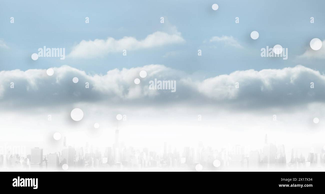 Image of multiple white spots floating over clouds in the blue sky Stock Photo