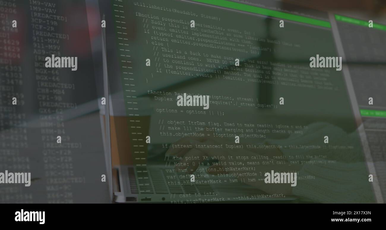 Image of data processing over hands using laptop Stock Photo