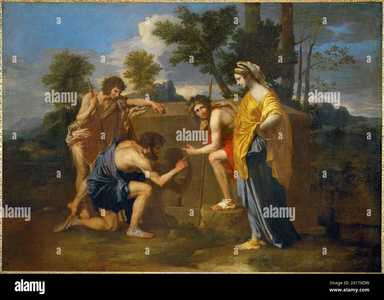 Et in Arcadia ego (also known as Les bergers d'Arcadie or The Arcadian Shepherds)[1] is a 1637–38 painting by Nicolas Poussin (1594–1665), the leading painter of the classical French Baroque style. It depicts a pastoral scene with idealized shepherds from classical antiquity, Stock Photo