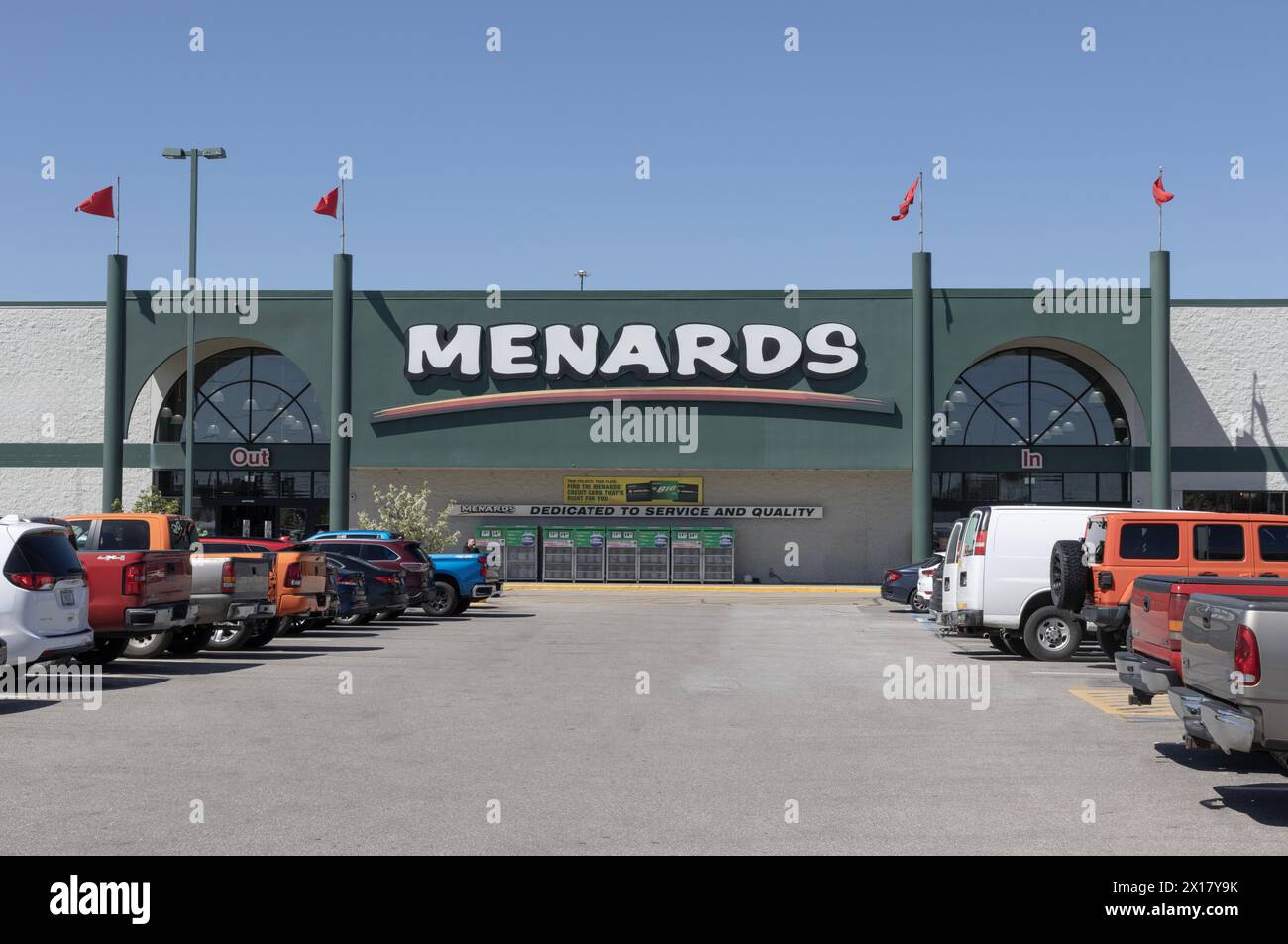Indianapolis - April 13, 2024: Menards Home Improvement store. Menards sells assorted building materials, tools, and gardening supplies. Stock Photo