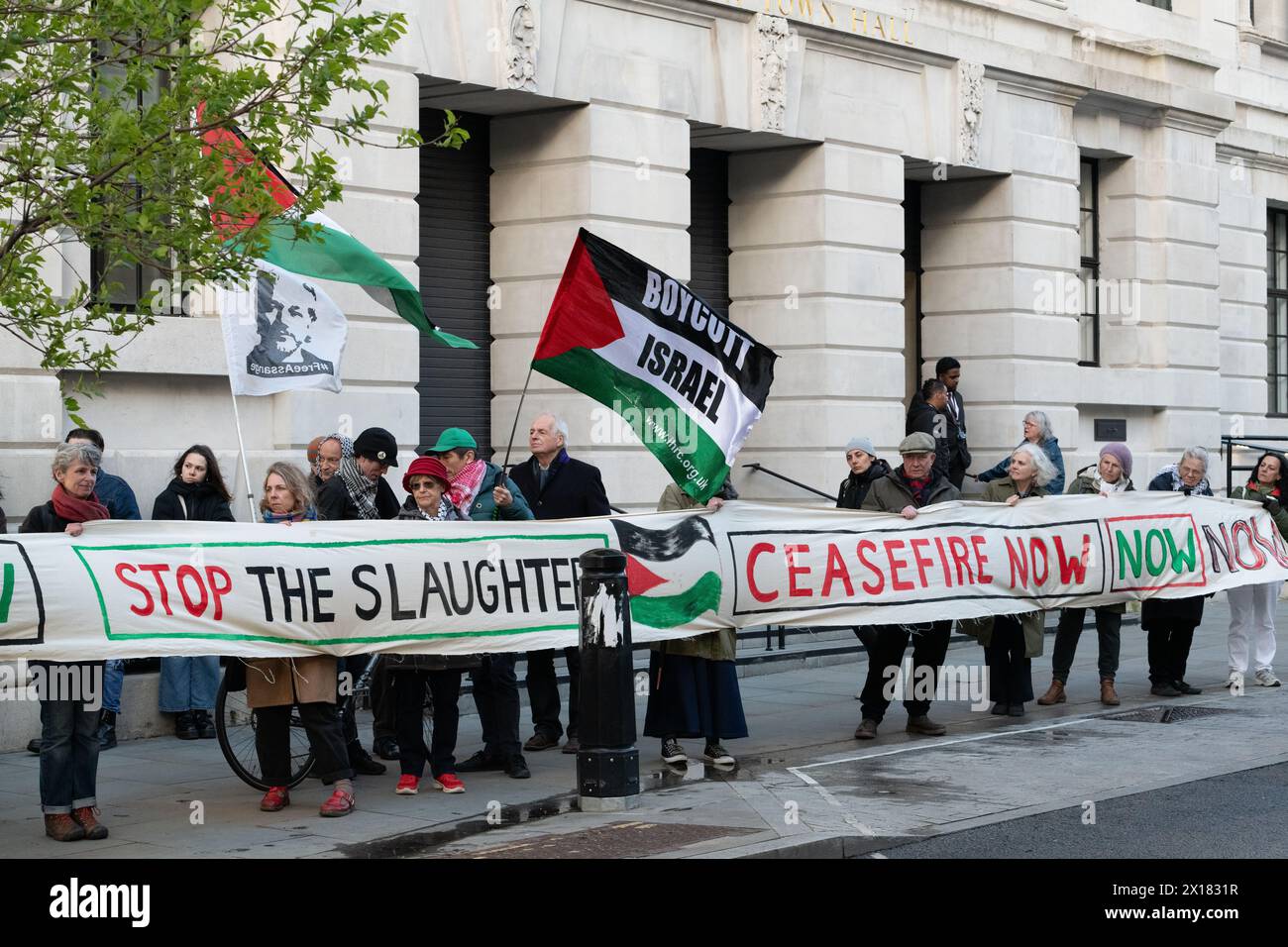 London, UK. 15 April, 2024. Palestine supporters call for an immediate ceasefire in Gaza and divestment from Israel at a rally outside the Labour-run Camden Town Hall, which sits in the Holborn and St Pancras constituency of Labour party leader Sir Keir Starmer. Credit: Ron Fassbender/Alamy Live News Stock Photo