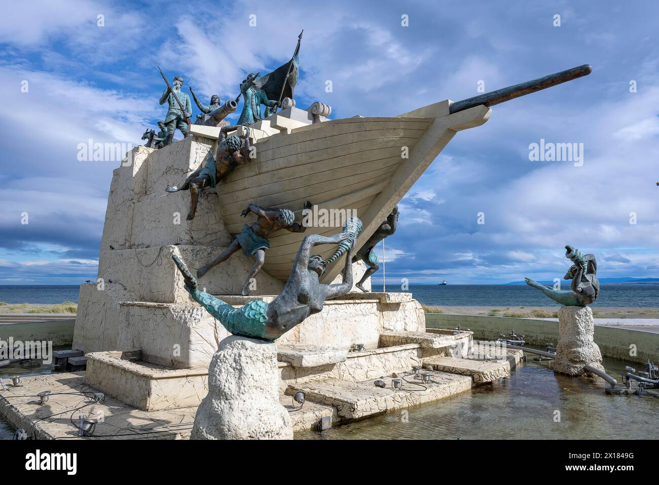 Monumento A Tripulantes Galeta Ancud, monument to the crew members of the schooner Ancud 1843 on the Strait of Magellan, Punta Arenas, city in Stock Photo