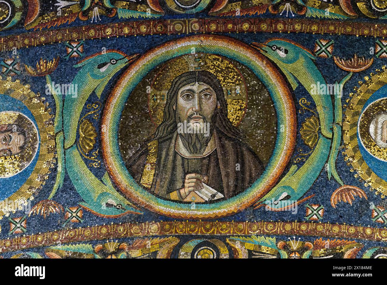 Mosaic of Jesus Christ from the arch of presbytery of basilica of San ...