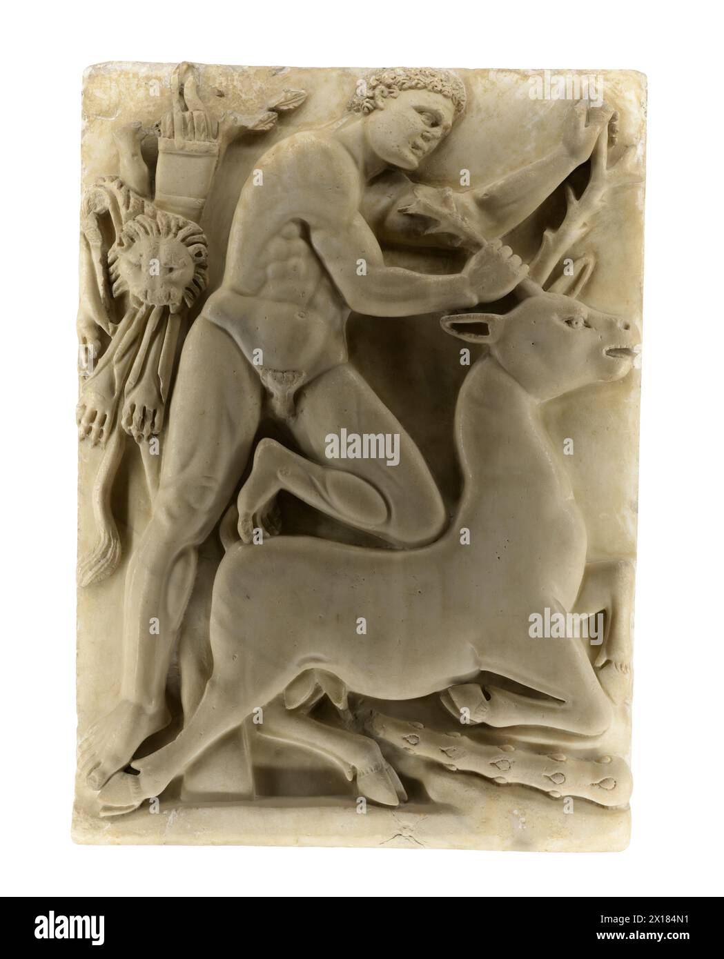Relief of Heracles and the hind of Cerinea. Third fatigue of Hercules. VI century. Ravenna, Italy Stock Photo