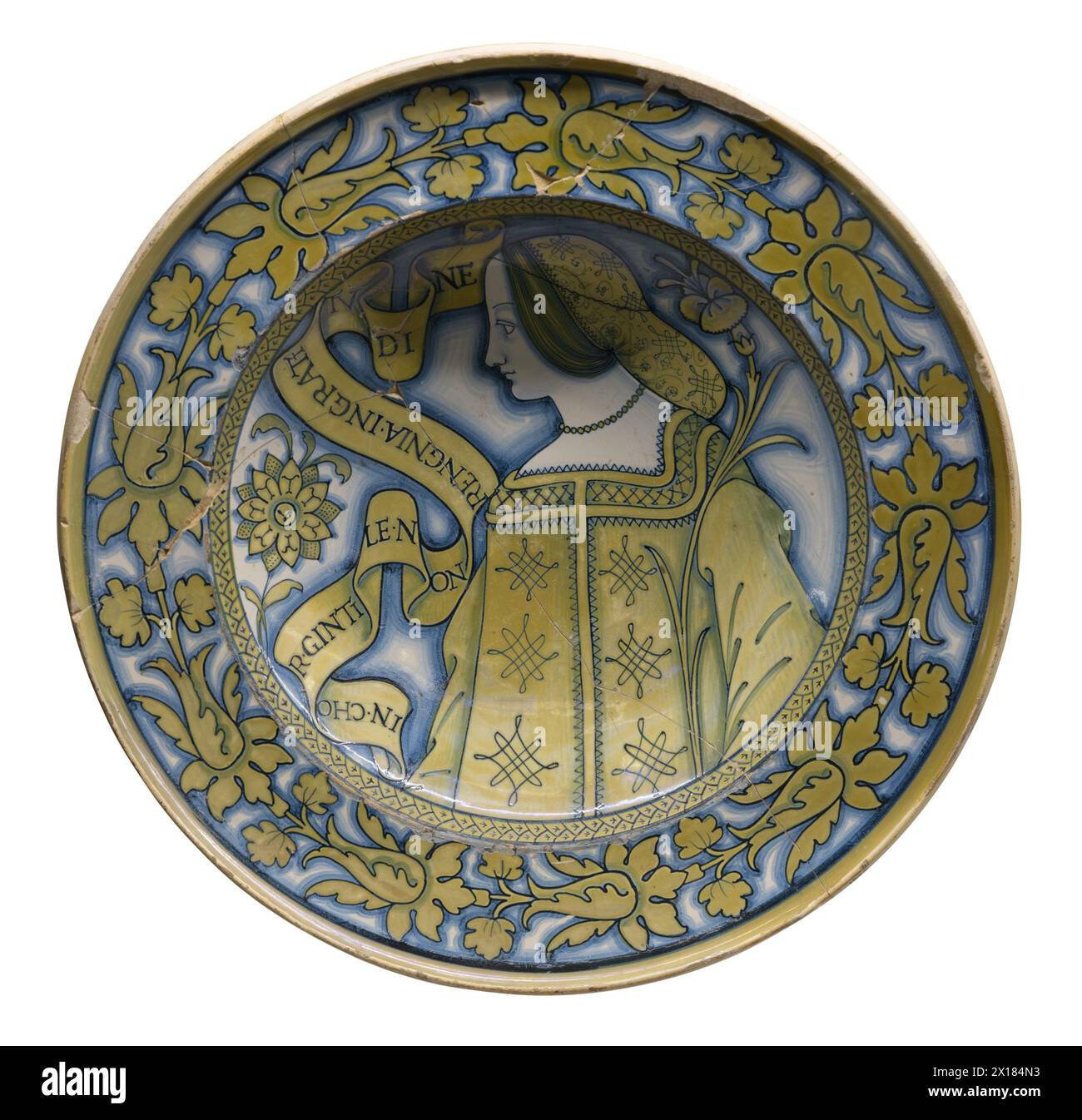'Bella donna' maiolica charger plate with a female portrait.  Ravenna, Italy Stock Photo