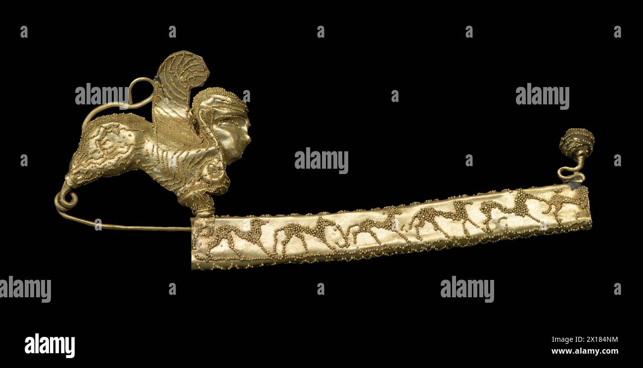 Etruscan gold fibula (metal brooch) from Tomb of Lictor.  Italy Stock Photo