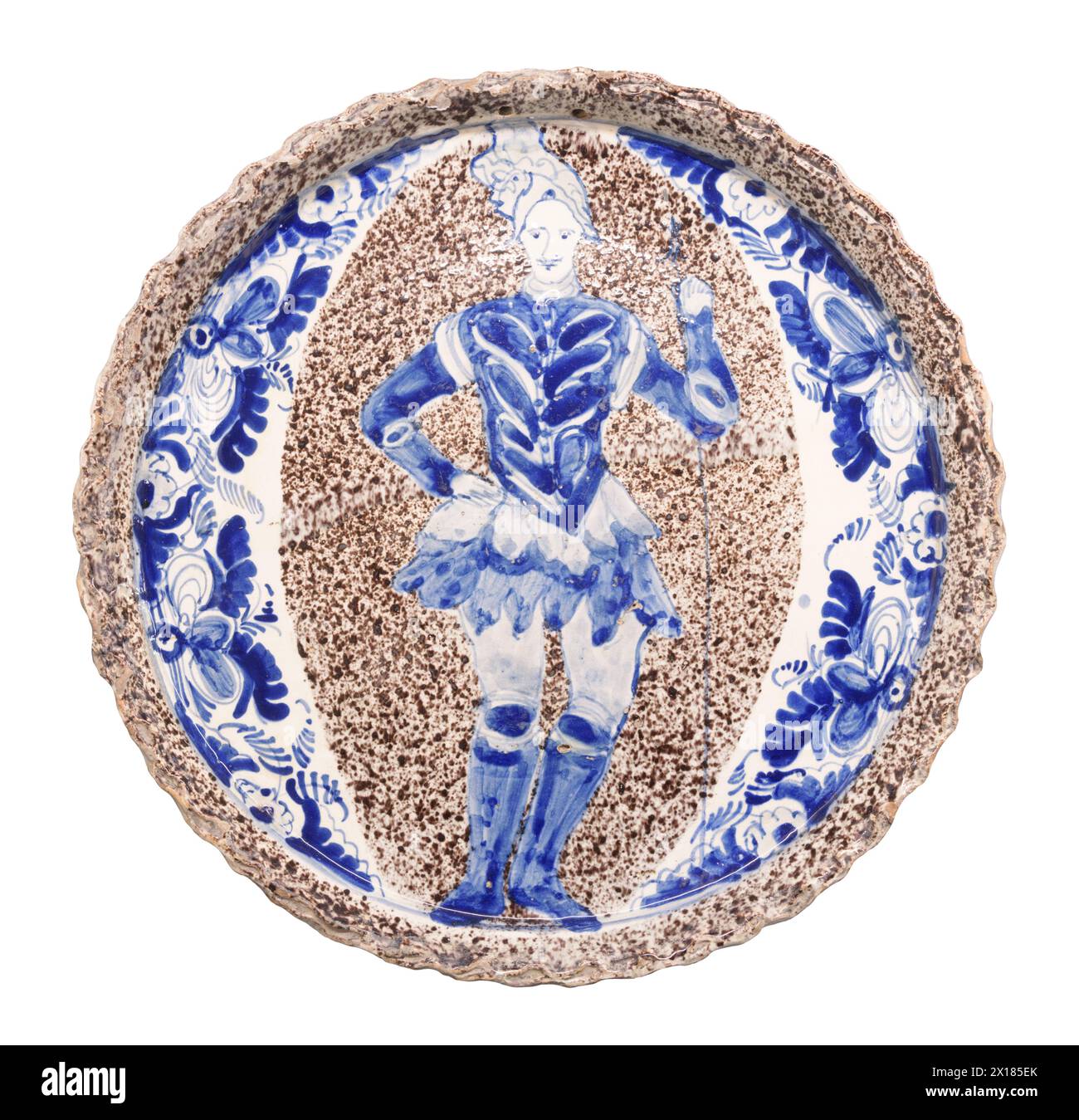 Maiolica plate with flower decoration and man. Padova, Italy Stock Photo
