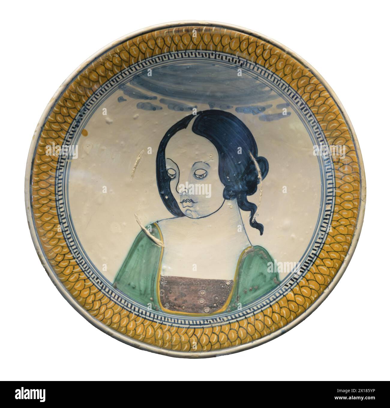 Plate with a woman's portrait, majolica. Faenza, Italy Stock Photo