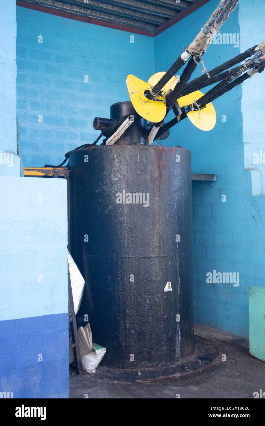 Mooring post and rat guards for large cruise ship Stock Photo