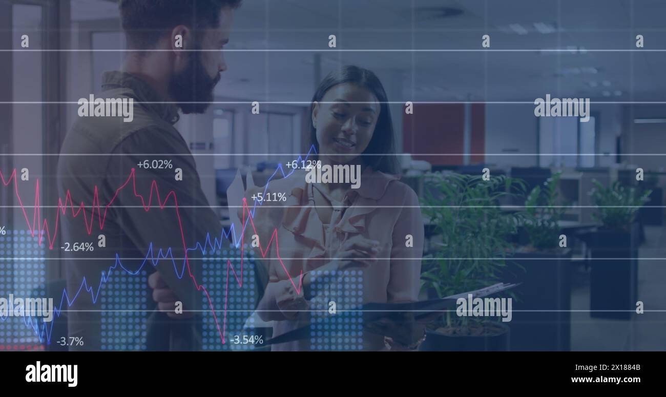 Image of financial data processing over diverse people in office Stock ...