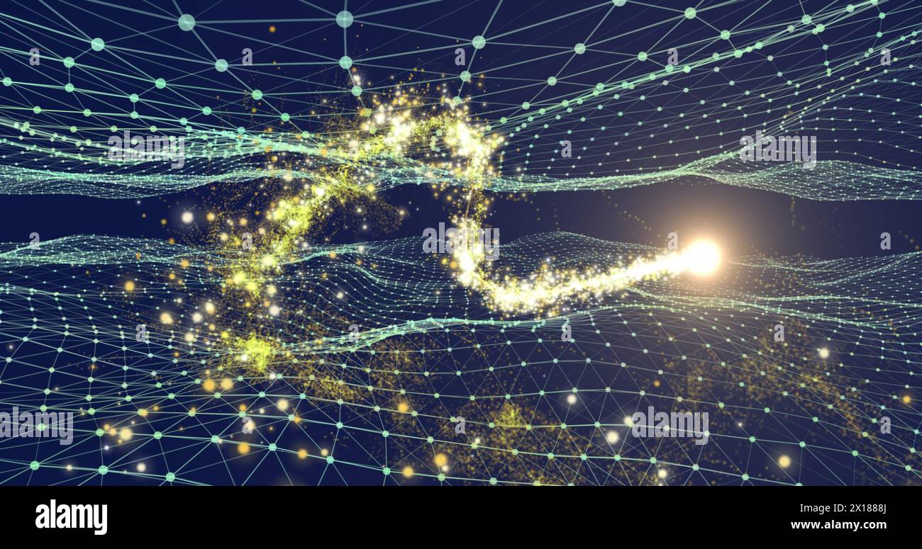 Image of digital fireworks moving over dots interconnecting with lines and forming net pattern Stock Photo