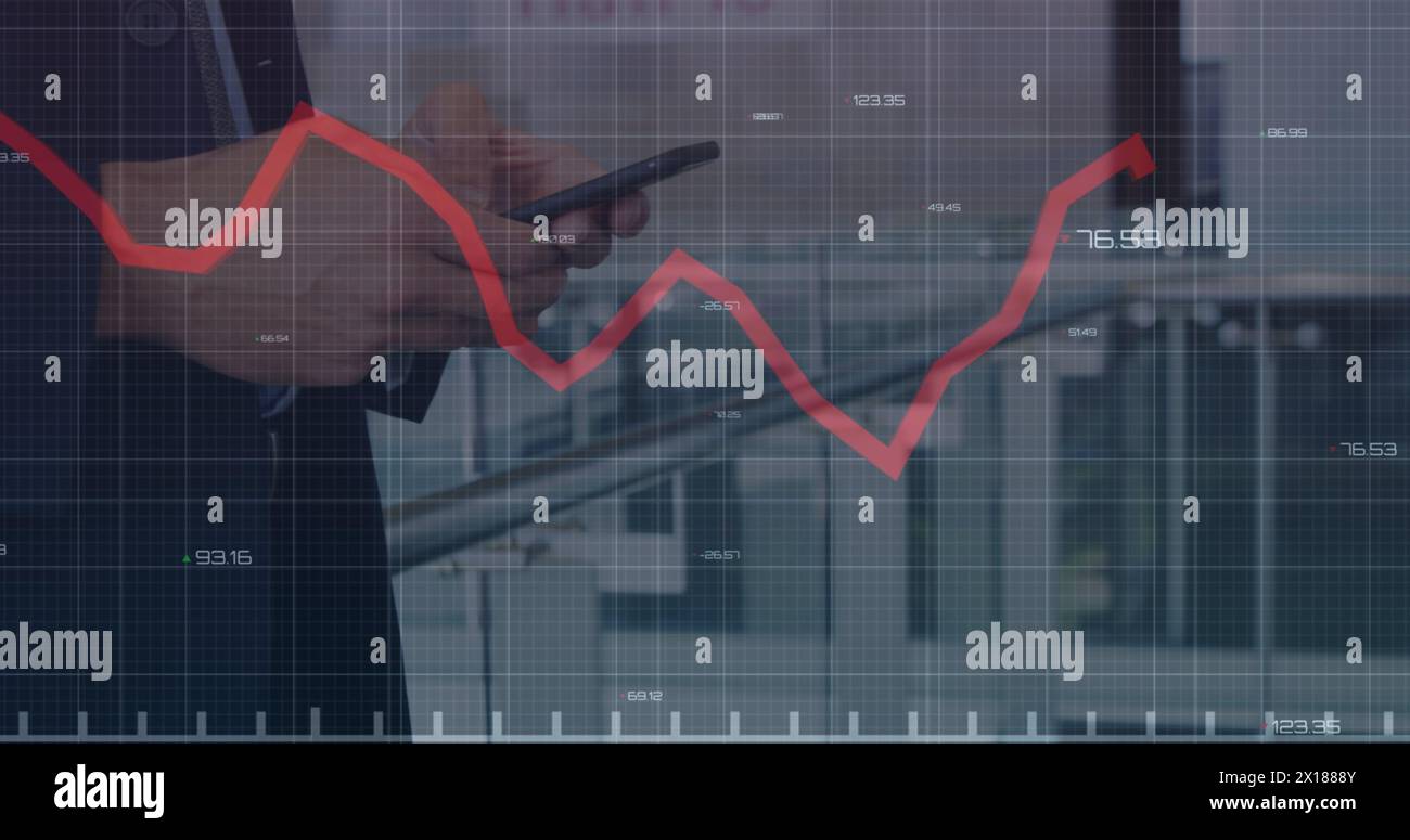 Image of financial data processing over person using smartphone Stock Photo