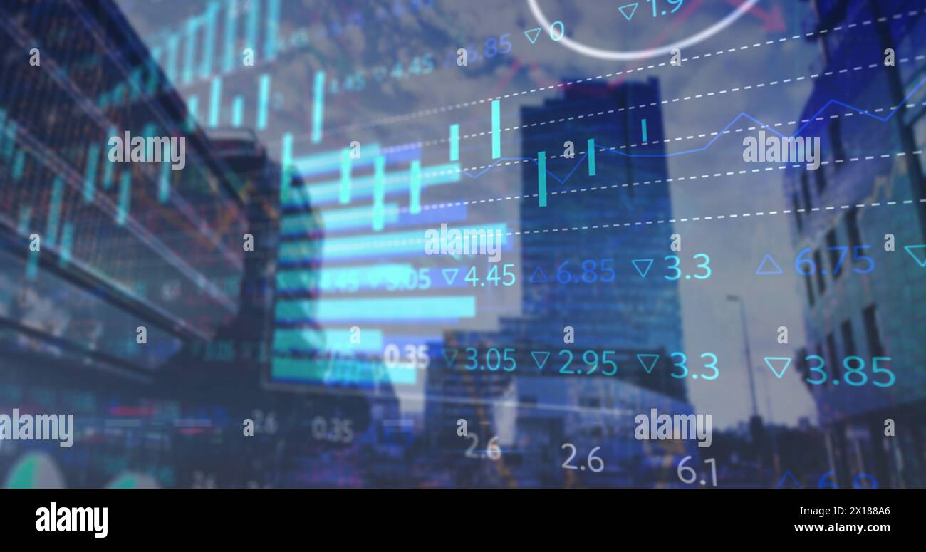 Image of data processing over cityscape Stock Photo