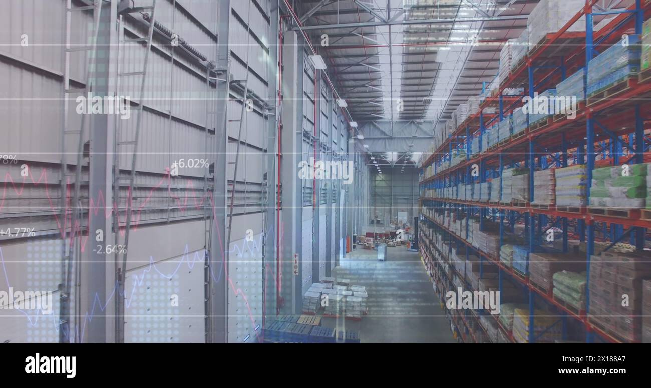 Image of statistics and data processing over warehouse Stock Photo