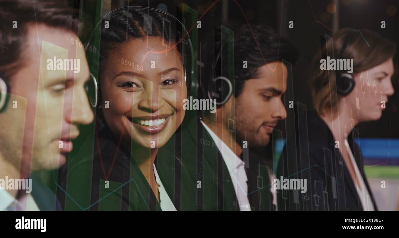 Image of financial graphs over happy diverse female and male consultants in office Stock Photo