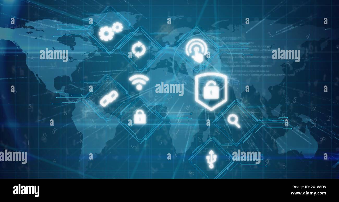 Image of multiple digital icons over world map against blue background ...