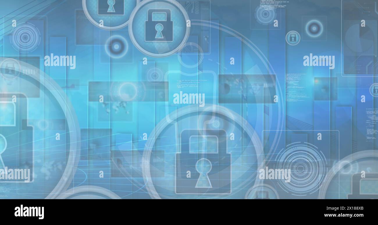 Image of data processing and statistics over blue background Stock Photo