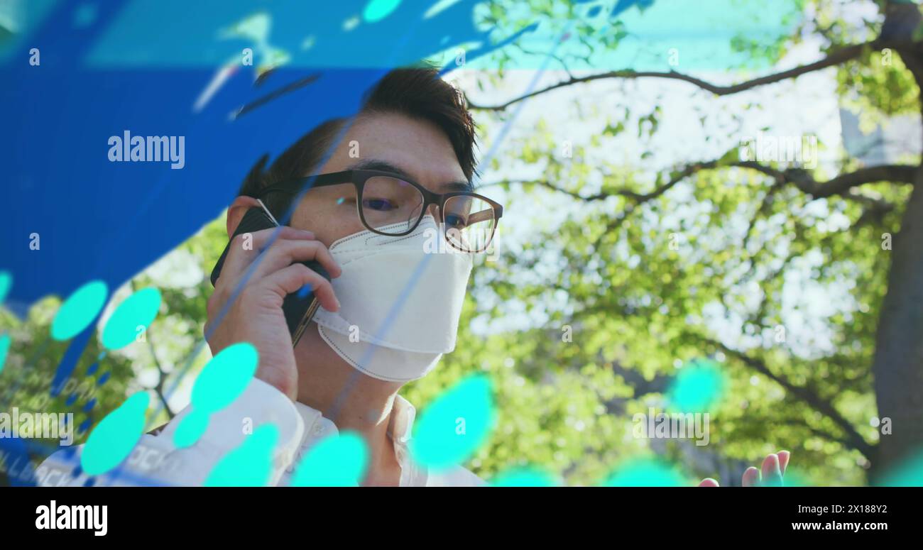 Image of data processing over asian man using smartphone Stock Photo