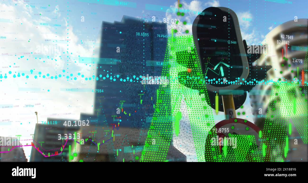 Image of data processing over cityscape Stock Photo