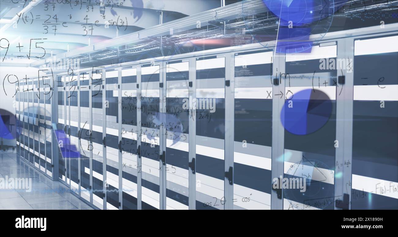 Image of globe and data processing over server room Stock Photo