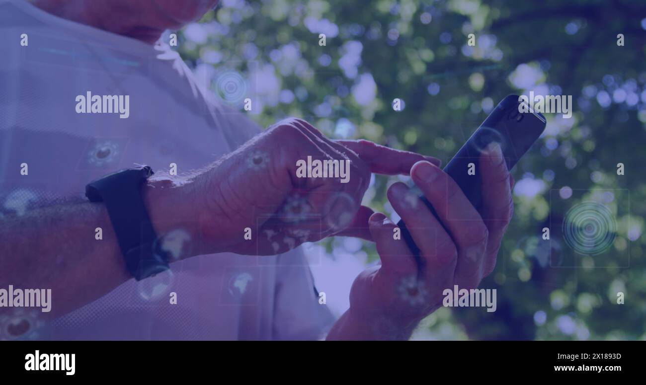 Image of data processing over caucasian man with smartphone Stock Photo