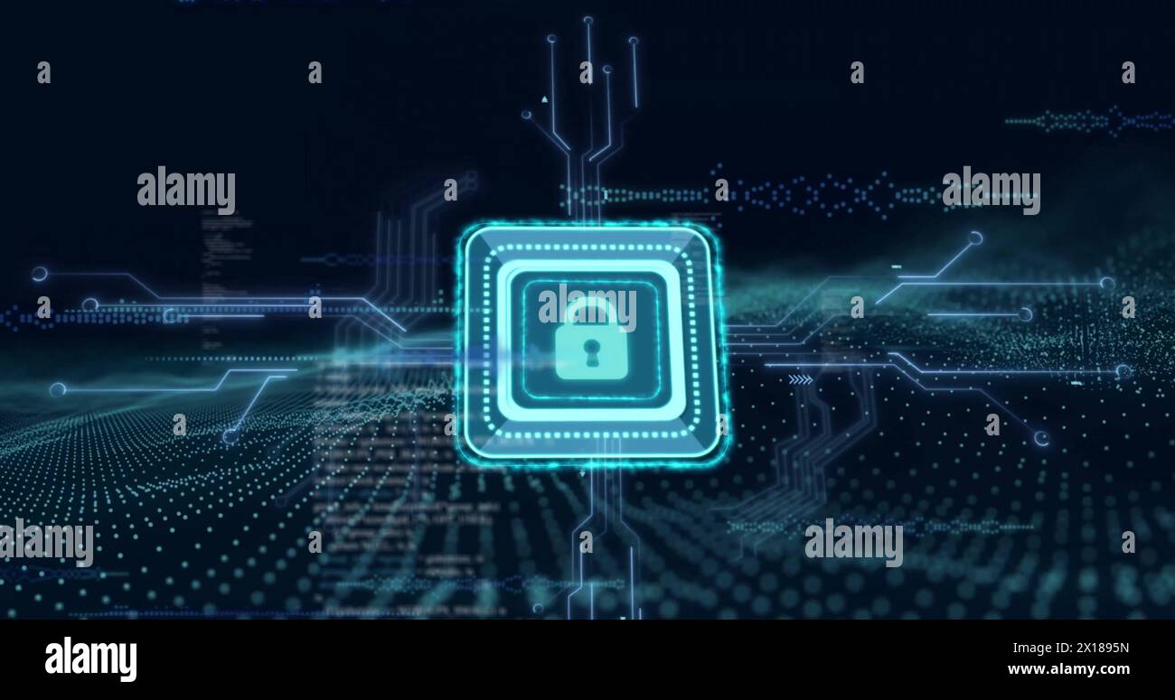 Image of padlock icon over data processing Stock Photo