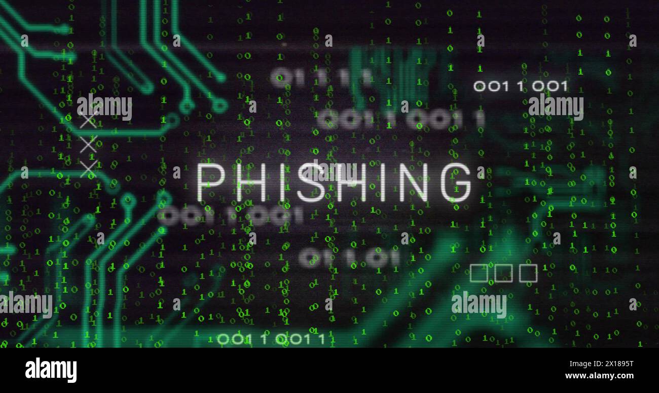 Image of phishing text over circuit board and data processing Stock Photo