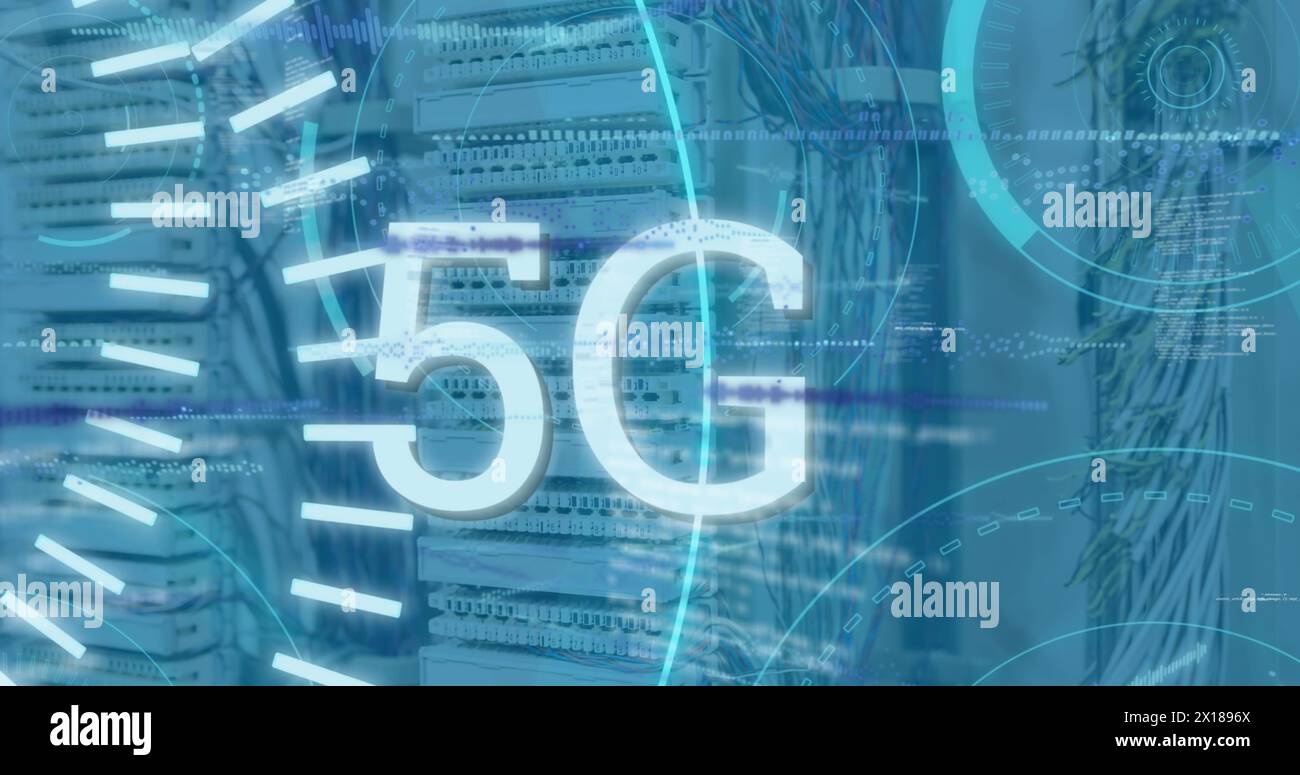 Image of 5g text, circles, soundwaves, radar, database over storage equipment in server room Stock Photo