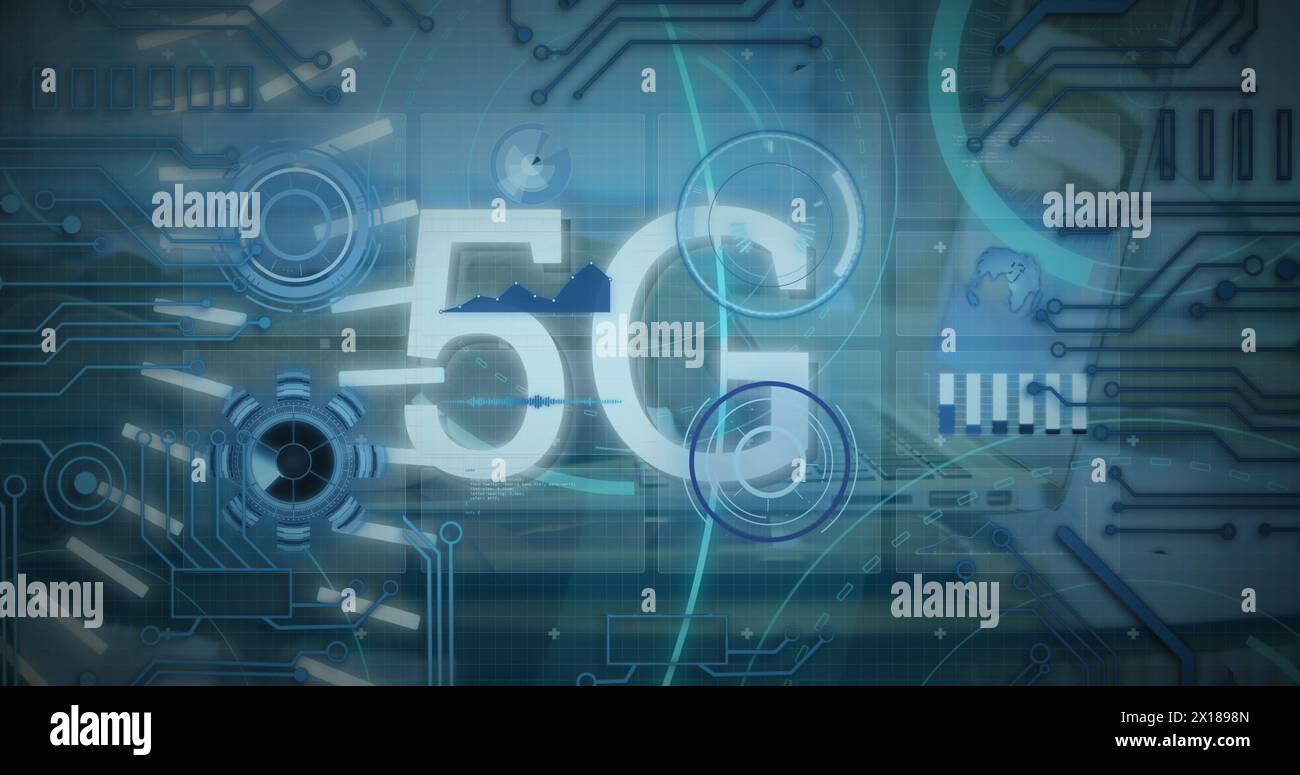 Image of 5g text and infographic interface over cropped hands typing on keyboard of laptop Stock Photo