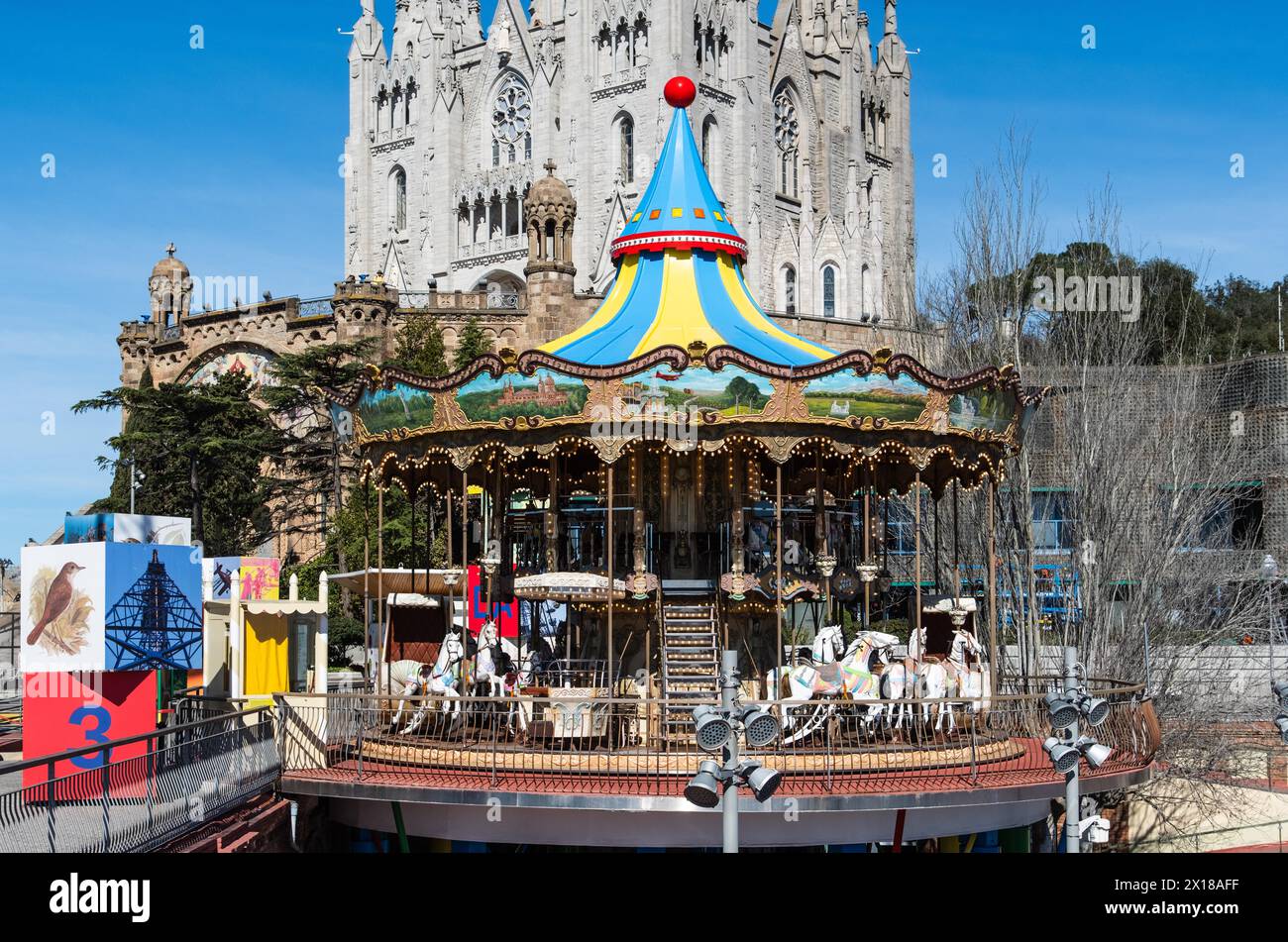 Parc d'atraccions Tibidabo amusement park and Expiatori del Sagrat Cor church in Barcelona, Spain Stock Photo