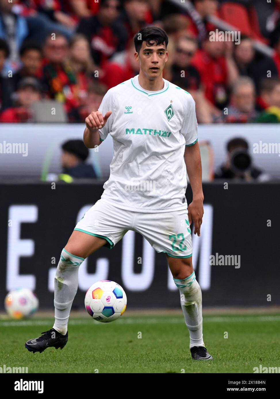 LEVERKUSEN - Julian Malatini of SV Werder Bremen during the Bundesliga match between Bayer 04 Leverkusen and Werder Bremen at the Bay Arena on April 14, 2024 in Leverkusen, Germany. ANP | Hollandse Hoogte | GERRIT VAN COLOGNE Stock Photo