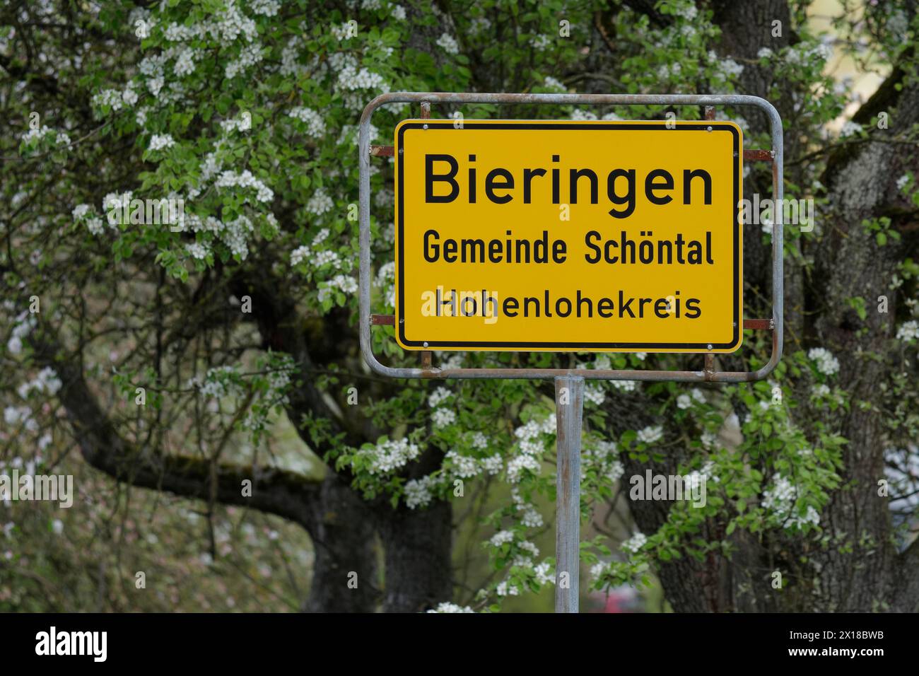 Place name sign of Bieringen, spring, fruit tree, fruit blossom, April, Schoental-Bieringen, Jagsttal, Jagst, Hohenlohe, Heilbronn-Franken Stock Photo