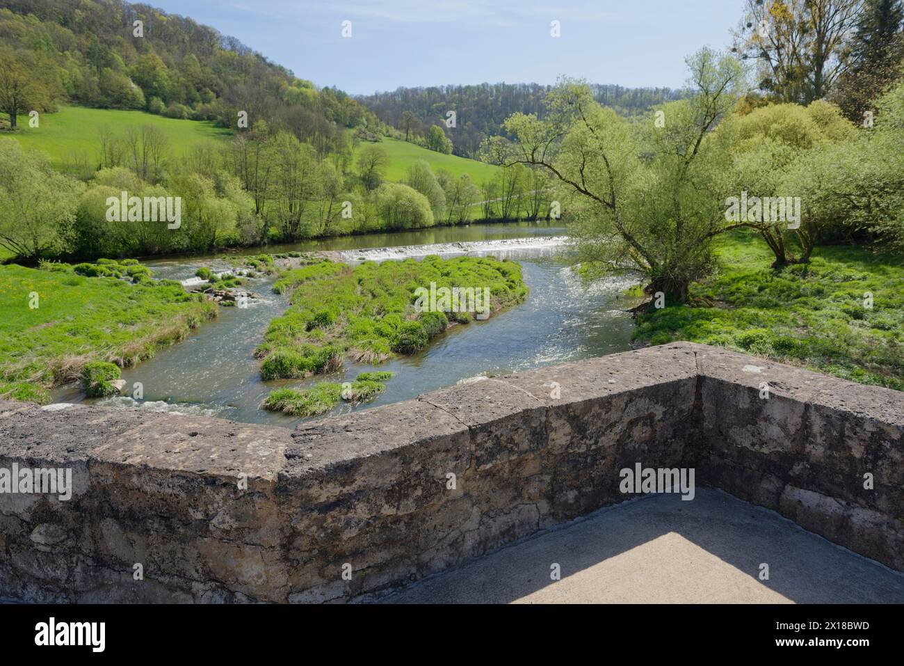 Middle Jagst valley near Oberregenbach, Langenburg-Oberregenbach, stone bridge, Oberregenbach, Unterregenbach, Langenburg-Unterregenbach, Jagst Stock Photo