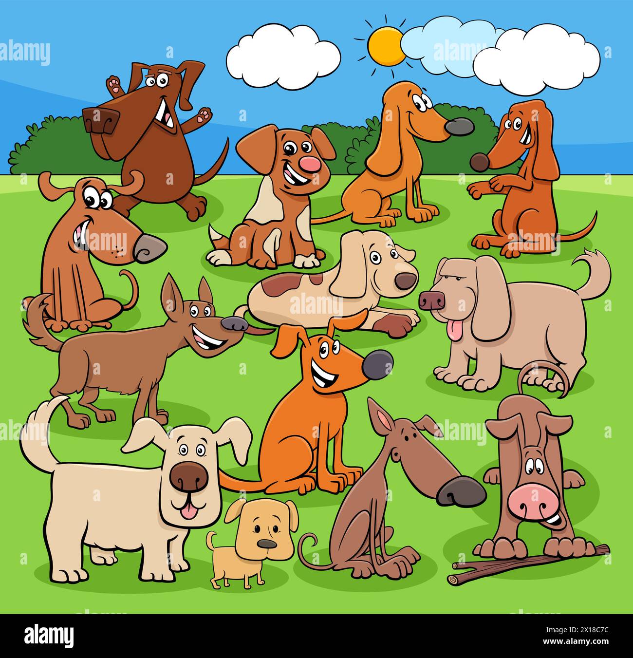 Cartoon illustration of playful dogs or puppies animal characters group in the meadow Stock Vector
