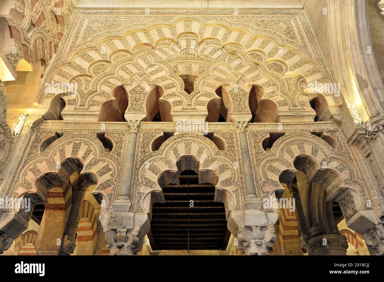 Mezquita, former mosque, now cathedral, Cordoba, An impressive vaulted ceiling combines Islamic and Gothic style elements with ornamental details Stock Photo