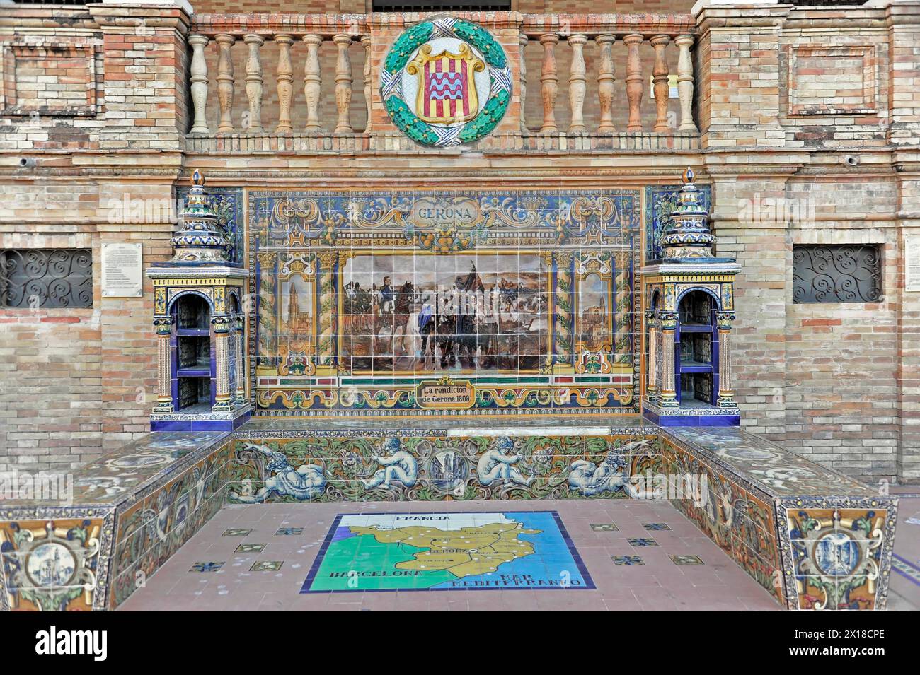 Plaza de Espana in Seville, Seville, Decorated tile with the coat of arms of the province of A Coruna, Seville, Andalusia, Spain Stock Photo