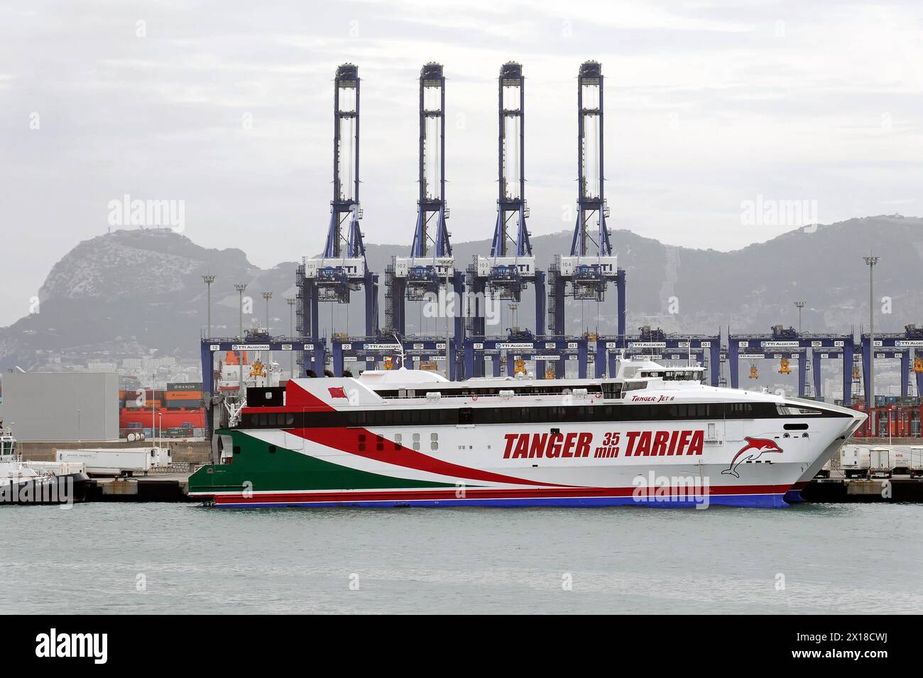 CEUTA, fast ferry 'Tanger 35 Tarifa' in the harbour in front of cranes, Morocco Stock Photo