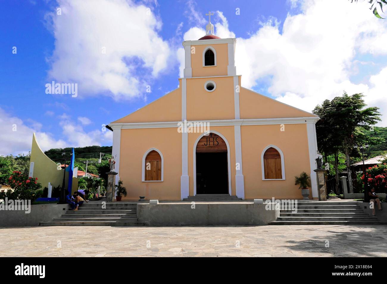 Church of San Juan del Sur, Nicaragua, Central America, Church building with steps marking the entrance to a religious site, Central America Stock Photo