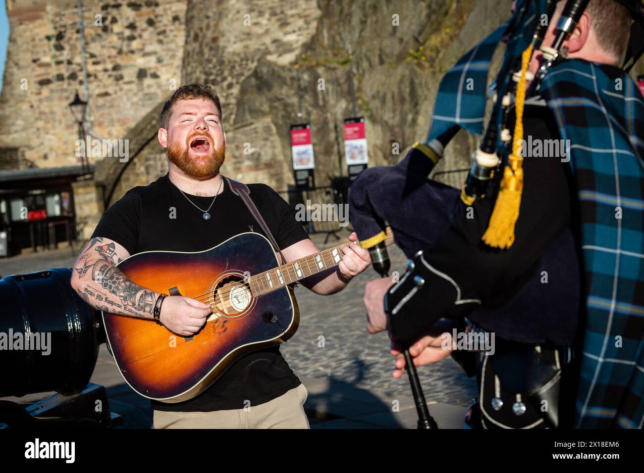 Britains Got Talent Semi-finalist Cammy Barnes gets in some practice at Edinburgh Castle Stock Photo