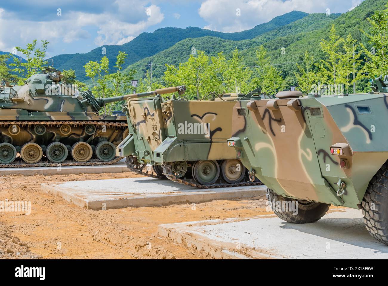 Military landing craft and tank used in Korean war on display in public park in Nonsan, South Korea Stock Photo