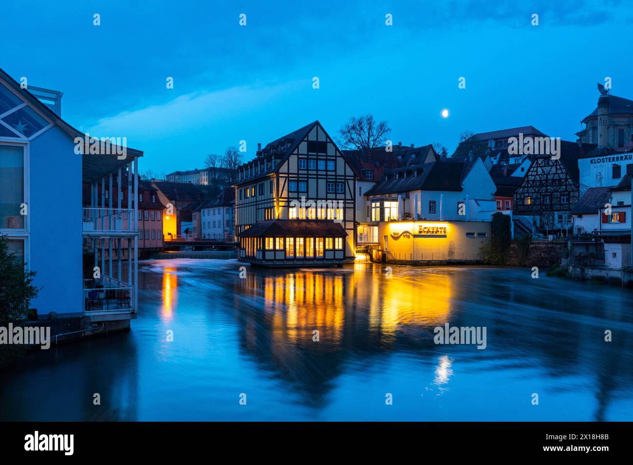 Eckert's Tavern, Regnitz, Blue Hour, Bamberg, Lower Franconia, Bavaria, Germany Stock Photo