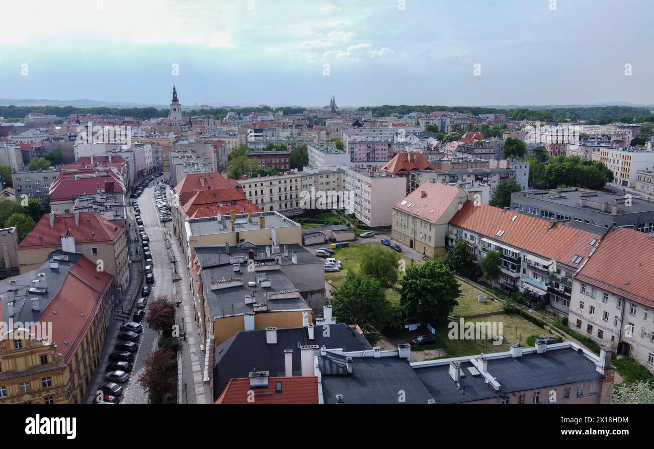 Awe Drone point of view panorama of  Swidnica town on Bystrzyca river- amazing cityscape and sunny day in Polish town inLower Silesian Vivodeship. Roa Stock Photo