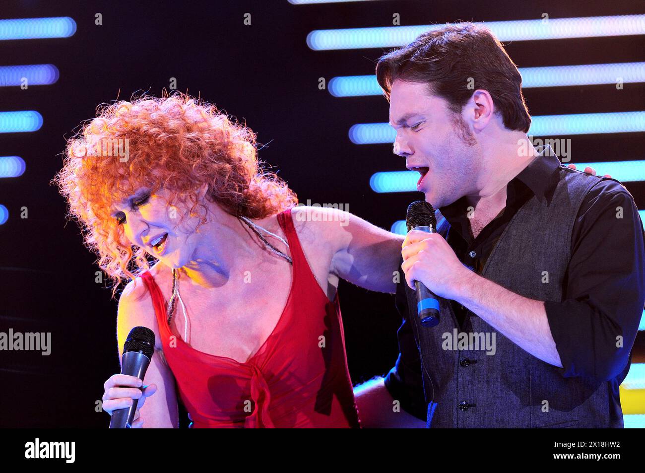 Verona Italy 07/06/2009 : Fiorella Mannoia and Tiziano Ferro ,Italian singers, during the Wind Music Awards at the Arena Stock Photo