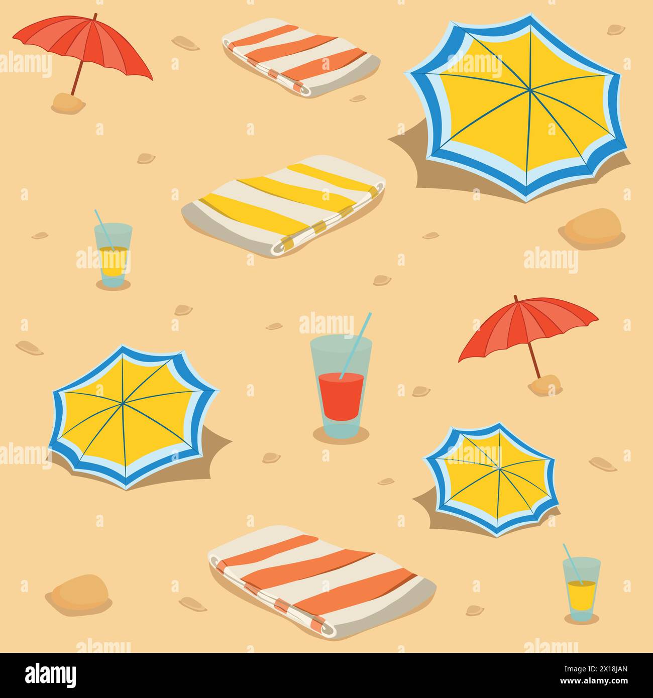 Seamless beach pattern. Beach umbrella and towel with drink in glass on ...