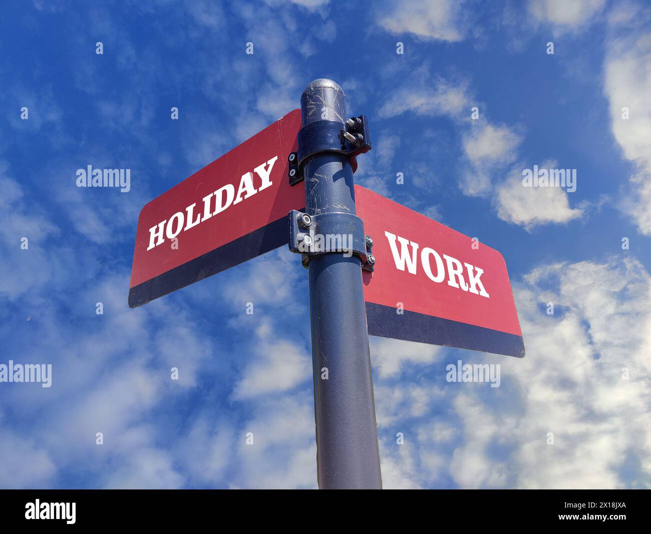 3d illustration, Holiday vs Work. White two street signs with arrow on metal pole with word. Directional road. Crossroads Road Sign, Two Arrow. Blue s Stock Photo