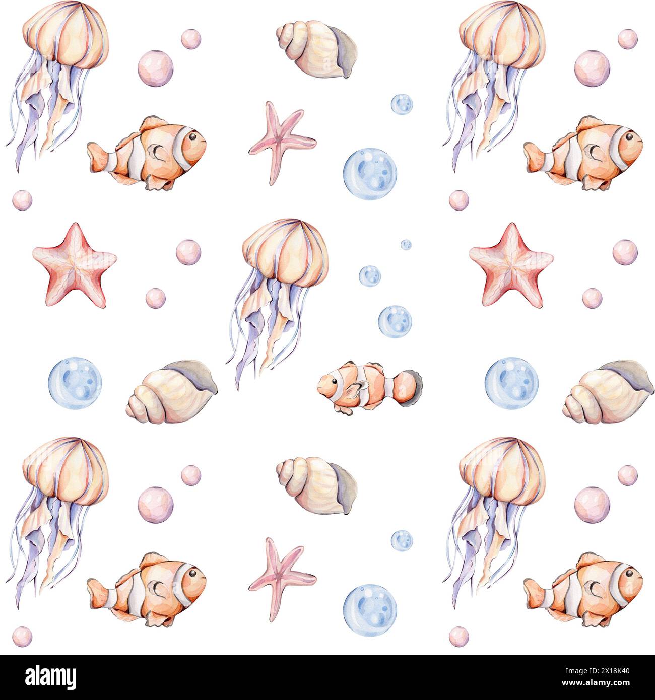 Watercolor seamless pattern with jelly fish, star fish and fish. Stock Photo